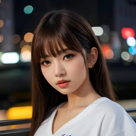(Highest quality, High resolution, masterpiece :1.3), Beautiful woman, Slim figure, Dark brown hair, T-Shirts, (Night city street), Highly detailed face and skin texture, Fine grain, double eyelid
