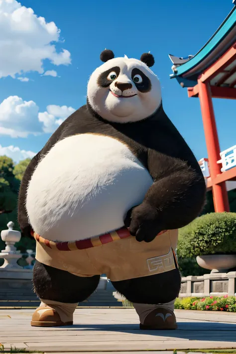 after(Kung Fu Panda), man, Obese, gordo, naked, bench and black fur, panda, giant panda, Alone , In the Bamboo Forest, hard penis, big penis, green eyes,