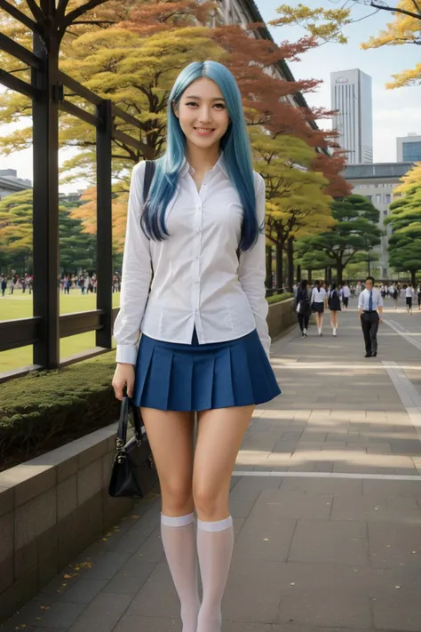 Gorgeous japanese woman 24 years old, very long hair, completely blue haired, perfect body, seductive smile, medium breasts, hands on breasts,school shirt, black microskirt, extremely short skirt, white stockings, standing in university park, big old university behind, full body picture, high detailed background, masterpiece, best quality, Extremely high-resolution details, photographic, realism pushed to extreme, fine texture, incredibly lifelike, sharp focus, <lora:MicroSkirt_XL:0.8>