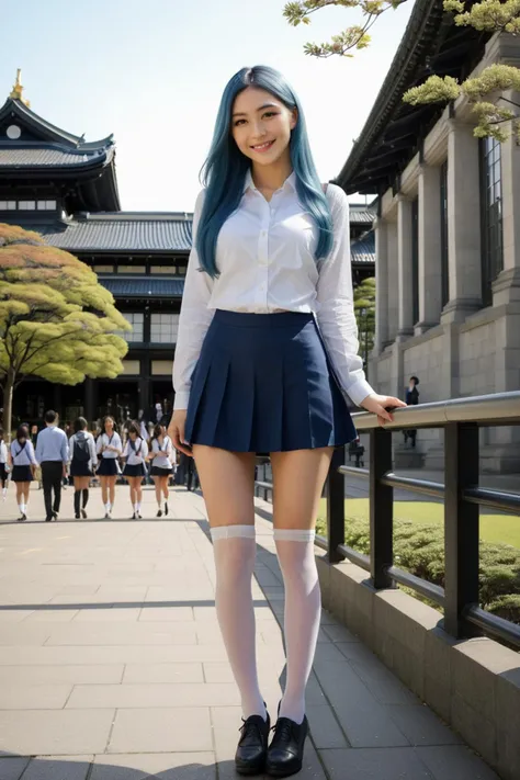 Gorgeous japanese woman 24 years old, very long hair, completely blue haired, perfect body, seductive smile, medium breasts, hands on breasts,school shirt, black microskirt, extremely short skirt, white stockings, standing in university park, big old university behind, full body picture, high detailed background, masterpiece, best quality, Extremely high-resolution details, photographic, realism pushed to extreme, fine texture, incredibly lifelike, sharp focus, <lora:MicroSkirt_XL:0.8>