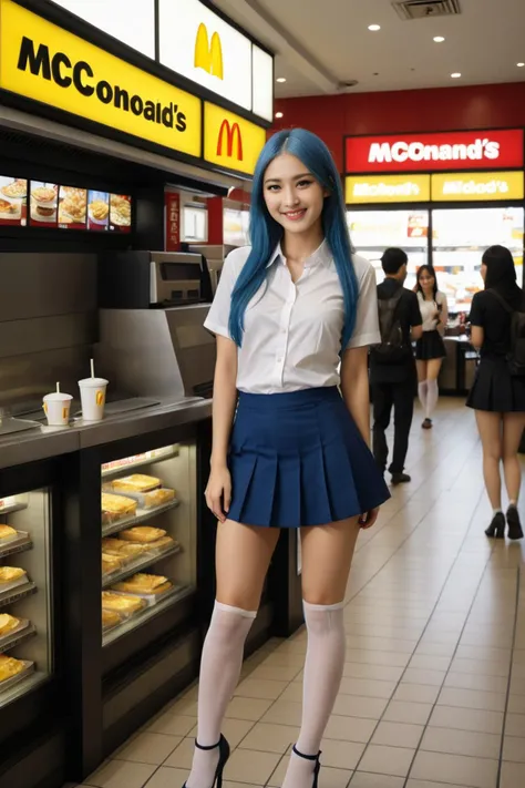 Gorgeous japanese woman 24 years old, very long hair, completely blue haired, perfect body, seductive smile, medium breasts, hands on breasts,school shirt, black microskirt, extremely short skirt, white stockings, standing in mcdonalds, full body picture, high detailed background, masterpiece, best quality, Extremely high-resolution details, photographic, realism pushed to extreme, fine texture, incredibly lifelike, sharp focus, <lora:MicroSkirt_XL:0.8>