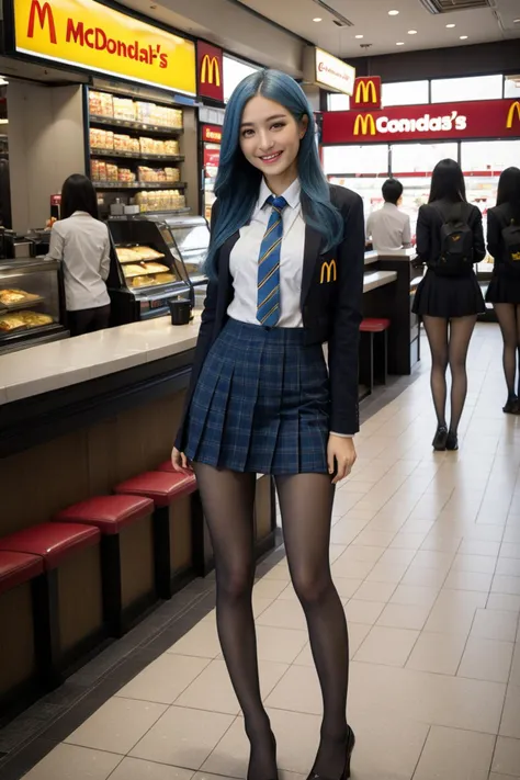 Gorgeous japanese woman 24 years old, very long hair, completely blue haired, perfect body, seductive smile, medium breasts, hands on breasts,school shirt, black microskirt, extremely short skirt, black pantyhose, standing in mcdonalds, full body picture, high detailed background, masterpiece, best quality, Extremely high-resolution details, photographic, realism pushed to extreme, fine texture, incredibly lifelike, sharp focus, <lora:MicroSkirt_XL:0.8> <lora:pantyhose_xl_v1:0.7>