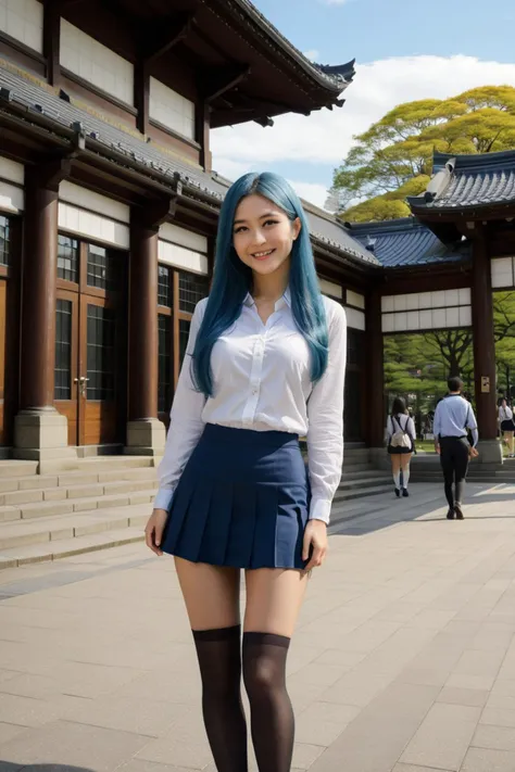 Gorgeous japanese woman 24 years old, very long hair, completely blue haired, perfect body, seductive smile, medium breasts, hands on breasts,school shirt, black microskirt, extremely short skirt, white stockings, standing in university park, big old university behind, full body picture, high detailed background, masterpiece, best quality, Extremely high-resolution details, photographic, realism pushed to extreme, fine texture, incredibly lifelike, sharp focus, <lora:MicroSkirt_XL:0.8>