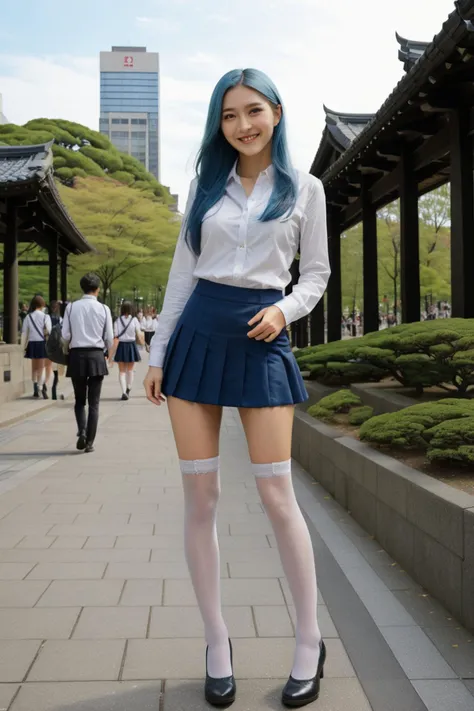 Gorgeous japanese woman 24 years old, very long hair, completely blue haired, perfect body, seductive smile, medium breasts, hands on breasts,school shirt, black microskirt, extremely short skirt, white stockings, standing in university park, big old university behind, full body picture, high detailed background, masterpiece, best quality, Extremely high-resolution details, photographic, realism pushed to extreme, fine texture, incredibly lifelike, sharp focus, <lora:MicroSkirt_XL:0.8>