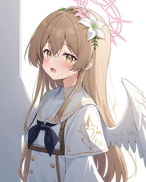 breathtaking,nagisa \(blue archive\),1girl, solo, blush, open mouth, simple background, hair ornament, long sleeves, white background, dress, flower, heart, sweat, wings, hair flower, sailor collar, white dress, capelet, halo, feathered wings, white sailor collar, @_@, white wings, against wall, white capelet, black neckerchief
<lora:Nagisa_image98_v1-000040:1> . gorgeous,key visual, vibrant, studio anime,award-winning, professional, highly detailed,high budget, cinemascope