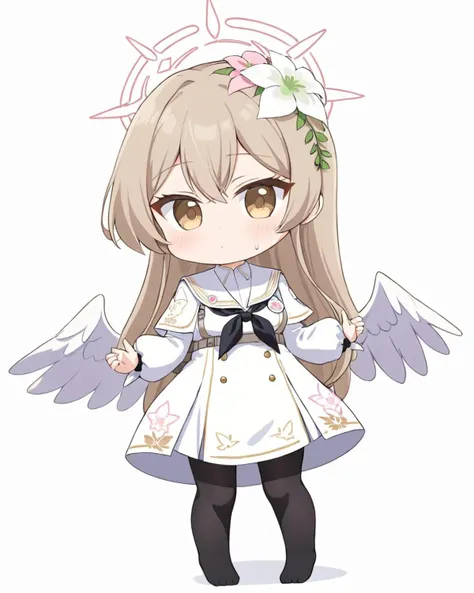 nagisa \(blue archive\),1girl, solo, white_dress, white_background, halo, tongue_out, hair_flower, sweat, chibi, black_pantyhose, simple_background, cropped_legs, looking_at_viewer, puffy_long_sleeves, v-shaped_eyebrows, black_neckerchief, feathered_wings, white_wings, full_body, hands_up, white_capelet, white_sailor_collar, white_flower, sailor_dress
<lora:nagisa_(blue_archive)_image577_2023-11-28-000015:1>halo. gorgeous,key visual, vibrant, studio anime,award-winning, professional, highly detailed,high budget, cinemascope