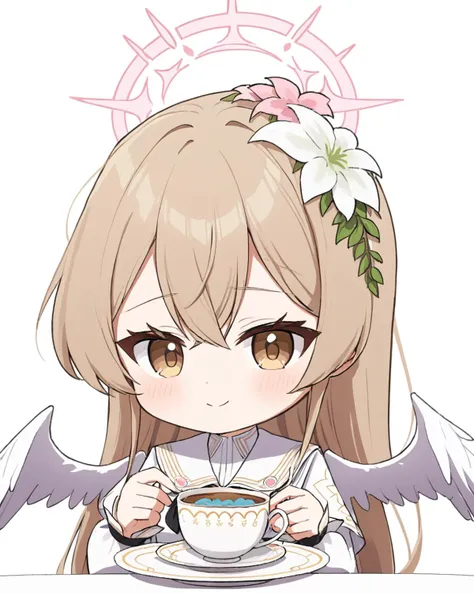 nagisa \(blue archive\),1girl, solo, hair_flower, black_neckerchief, holding_cup, halo, closed_mouth, white_background, tiered_tray, smile, white_shirt, puffy_long_sleeves, chibi, cropped_torso, teacup, upper_body, white_wings, looking_at_viewer, feathered_wings, simple_background, blush_stickers, pink_flower, v-shaped_eyebrows, white_sailor_collar, saucer, cupcake, cake_slice
<lora:nagisa_(blue_archive)_image577_2023-11-28-000015:1>halo. gorgeous,key visual, vibrant, studio anime,award-winning, professional, highly detailed,high budget, cinemascope