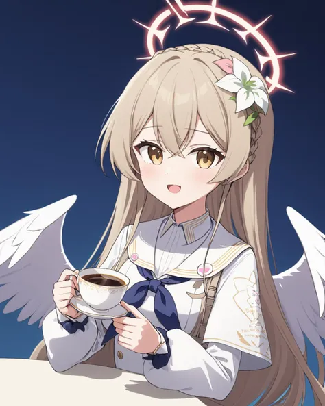 nagisa \(blue archive\),1girl, looking_at_viewer, solo, halo, teacup, school_uniform, :d, white_dress, coffee, sitting, holding_cup, long_sleeves, neckerchief, saucer, braid, bow, open_mouth, white_wings
<lora:nagisa_(blue_archive)_image577_2023-11-28-000015:1>halo. gorgeous,key visual, vibrant, studio anime,award-winning, professional, highly detailed,high budget, cinemascope
