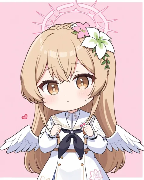 nagisa \(blue archive\),1girl, solo, black_neckerchief, puffy_long_sleeves, hair_flower, white_dress, uchiwa, halo, sweat, holding_fan, white_outline, chibi, white_sailor_collar, flying_sweatdrops, pink_background, two-tone_background, white_flower, sailor_dress, white_background, white_wings, closed_mouth, feathered_wings, hands_up, facing_viewer, crown_braid, upper_body, pink_flower, heart, simple_background
<lora:nagisa_(blue_archive)_image577_2023-11-28-000015:1>halo. gorgeous,key visual, vibrant, studio anime,award-winning, professional, highly detailed,high budget, cinemascope