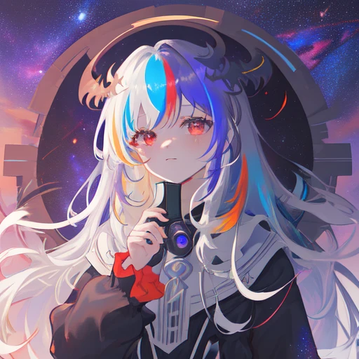 Solo, 1girl, masterpiece, best quality, extremly detailed, Cinematic lighting, intricate detail, highres, official art, finely detailed beautiful face and eyes, high resolution illustration, 8k, dark intense shadows, overexposure,((space)), universe, Gray-blue hair,long rainbow hair, multicolored hair, gradient hair, white dress, simple dress, fluttering dress, long sleeves, detailed clouds, gradient sky, red eyes, purple sky, black sky, stars, ((milky way)), expressionless, looking at viewer, upper body