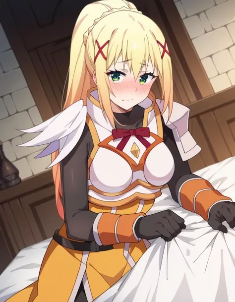 score_9, score_8_up, score_7_up, source_anime,
lalatinadustinessford, <lora:lalatina-dustiness-ford-s2-ponyxl-lora-nochekaiser:1>,
darkness \(konosuba\), long hair, green eyes, blonde hair, hair ornament, ponytail, braid, x hair ornament,
gloves, armor, bodysuit, shoulder armor, armored dress,
indoors, bed, bed room, on side, blush, drunk,
looking at viewer, dutch angle, cowboy shot,