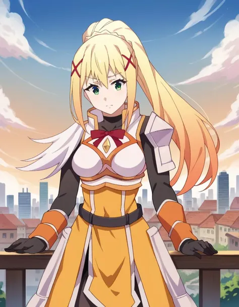 score_9, score_8_up, score_7_up, source_anime,
lalatinadustinessford, <lora:lalatina-dustiness-ford-s2-ponyxl-lora-nochekaiser:1>,
darkness \(konosuba\), long hair, green eyes, blonde hair, hair ornament, ponytail, braid, x hair ornament,
gloves, armor, bodysuit, shoulder armor, armored dress,
outdoors, cityscape,
looking at viewer, dutch angle, cowboy shot,