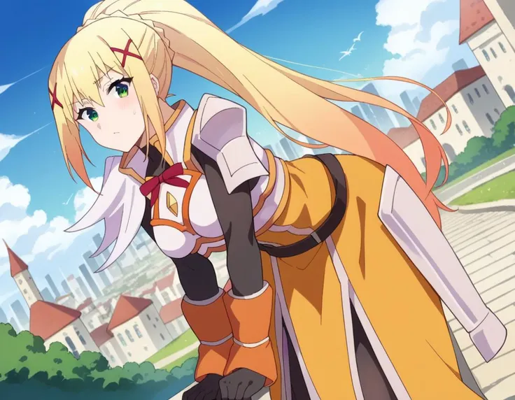 score_9, score_8_up, score_7_up, source_anime,
lalatinadustinessford, <lora:lalatina-dustiness-ford-s2-ponyxl-lora-nochekaiser:1>,
darkness \(konosuba\), long hair, green eyes, blonde hair, hair ornament, ponytail, braid, x hair ornament,
gloves, armor, bodysuit, shoulder armor, armored dress,
outdoors, cityscape, bent over,
looking at viewer, dutch angle, cowboy shot,