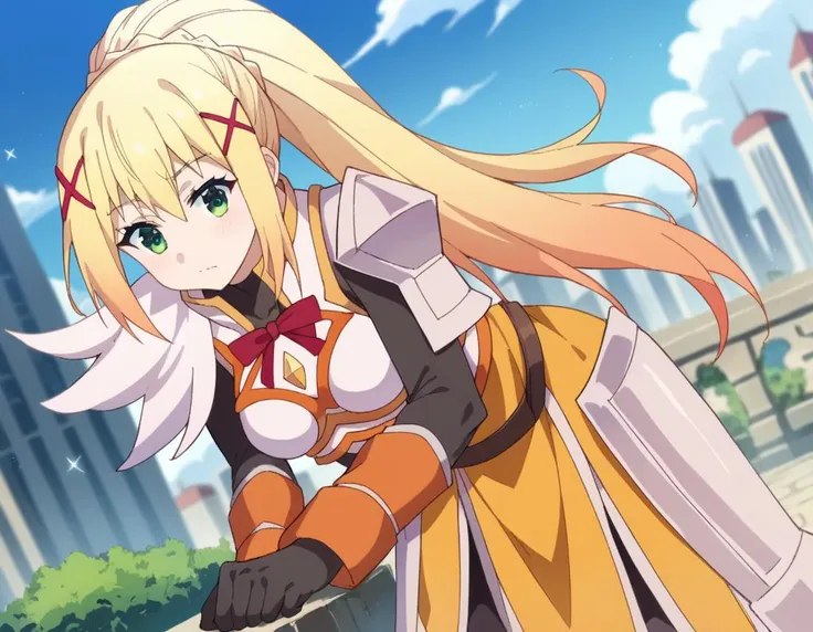 score_9, score_8_up, score_7_up, source_anime,
lalatinadustinessford, <lora:lalatina-dustiness-ford-s2-ponyxl-lora-nochekaiser:1>,
darkness \(konosuba\), long hair, green eyes, blonde hair, hair ornament, ponytail, braid, x hair ornament,
gloves, armor, bodysuit, shoulder armor, armored dress,
outdoors, cityscape, bent over,
looking at viewer, dutch angle, cowboy shot,