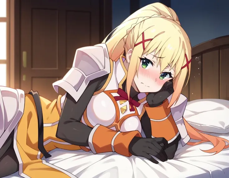 score_9, score_8_up, score_7_up, source_anime,
lalatinadustinessford, <lora:lalatina-dustiness-ford-s2-ponyxl-lora-nochekaiser:1>,
darkness \(konosuba\), long hair, green eyes, blonde hair, hair ornament, ponytail, braid, x hair ornament,
gloves, armor, bodysuit, shoulder armor, armored dress,
indoors, bed, bed room, on side, blush, drunk,
looking at viewer, dutch angle, cowboy shot,