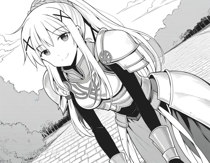 score_9, score_8_up, score_7_up, source_anime,
lalatinadustinessford, <lora:lalatina-dustiness-ford-manga-ponyxl-lora-nochekaiser:1>,
lalatina dustiness ford, long hair, hair ornament, ponytail, braid, x hair ornament, greyscale, monochrome,
armor, armored dress, shoulder armor, breastplate, 
outdoors, village, bent over, smile,
looking at viewer, cowboy shot, dutch angle, solo,