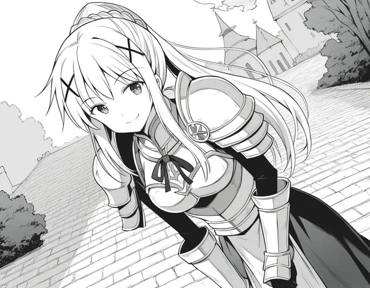 score_9, score_8_up, score_7_up, source_anime,
lalatinadustinessford, <lora:lalatina-dustiness-ford-manga-ponyxl-lora-nochekaiser:1>,
lalatina dustiness ford, long hair, hair ornament, ponytail, braid, x hair ornament, greyscale, monochrome,
armor, armored dress, shoulder armor, breastplate, 
outdoors, village, bent over, smile,
looking at viewer, cowboy shot, dutch angle, solo,