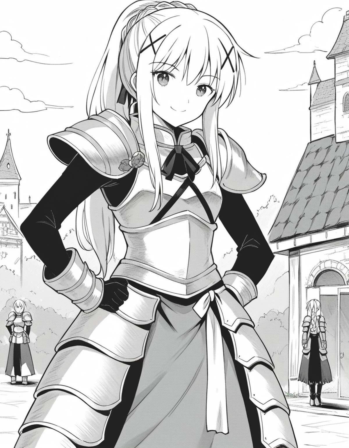 score_9, score_8_up, score_7_up, source_anime,
lalatinadustinessford, <lora:lalatina-dustiness-ford-manga-ponyxl-lora-nochekaiser:1>,
lalatina dustiness ford, long hair, hair ornament, ponytail, braid, x hair ornament, greyscale, monochrome,
armor, armored dress, shoulder armor, breastplate,
outdoors, village, hands on hips, smile,
looking at viewer, cowboy shot, dutch angle, solo,