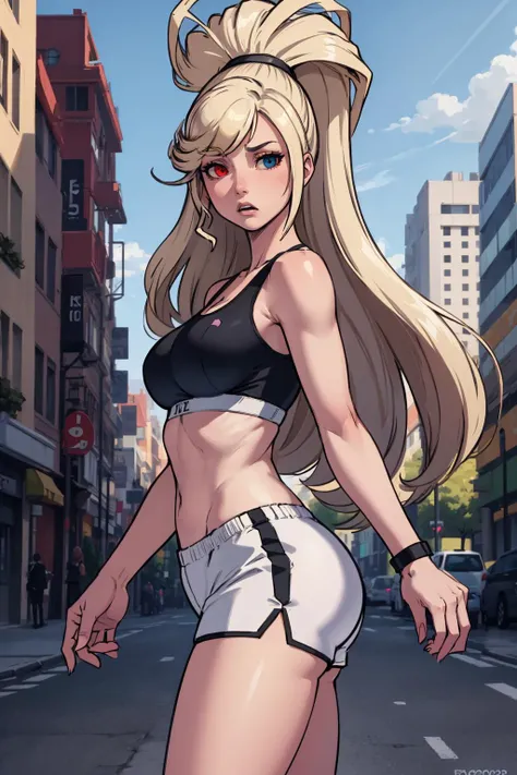 masterpiece, best quality, unielhilda, heterochromia, hairband, long ponytail, white sports bra, black spandex shorts, cowboy shot, looking at viewer, city street, furrowed brow, surprised, standing, from side <lora:unielhilda-nvwls-v1-000012:0.9>