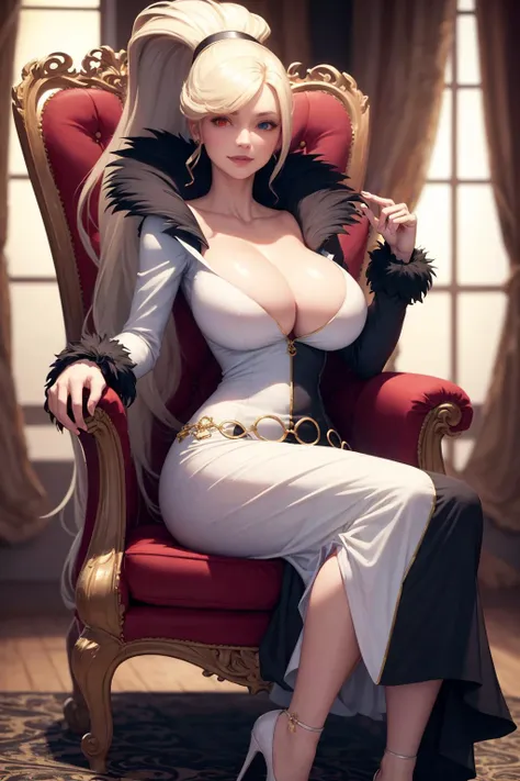 masterpiece, best quality, unielhilda, heterochromia, hairband, long ponytail, long dress, high heels, cleavage, fur trim, large breasts, sitting, ornate chair, bedroom, wealthy, looking at viewer, smile, furrowed brow <lora:unielhilda-nvwls-v1-000012:0.9>