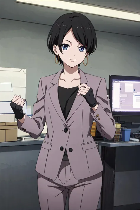 okitsuyuka, solo, earrings, black hair, short hair, suit, looking at viewer, 1girl, blue eyes,, collarbone, pants, , <lora:okitsuyuka20:0.9>, best quality, masterpiece, cowboy shot, office, smile, fingerless gloves,
