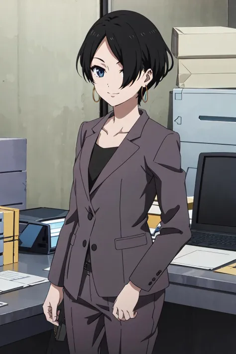 okitsuyuka, solo, earrings, black hair, short hair, suit, looking at viewer, 1girl, blue eyes, jacket,, collarbone, pants, , best quality, masterpiece, cowboy shot, hair over one eye, <lora:okitsuyuka:0.9>, office, smile,