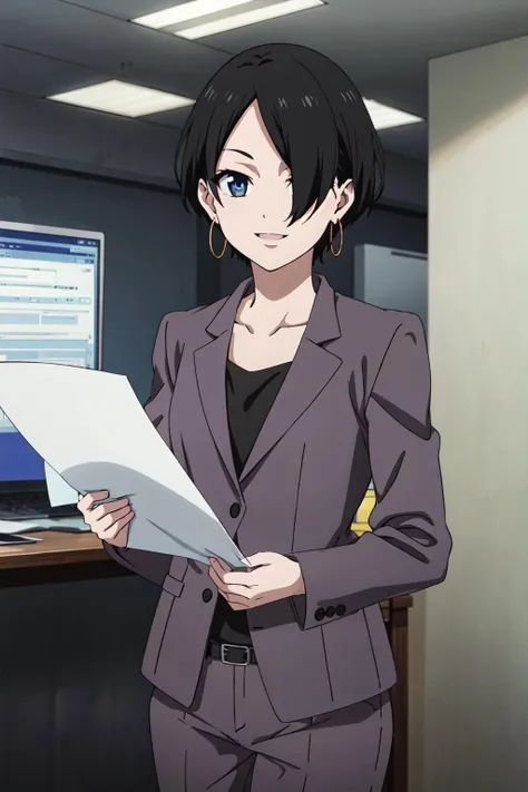 okitsuyuka, solo, earrings, black hair, short hair, suit, looking at viewer, 1girl, blue eyes,, collarbone, pants, , <lora:okitsuyuka20:0.9>, best quality, masterpiece, cowboy shot, hair over one eye, holding document, office, smile,