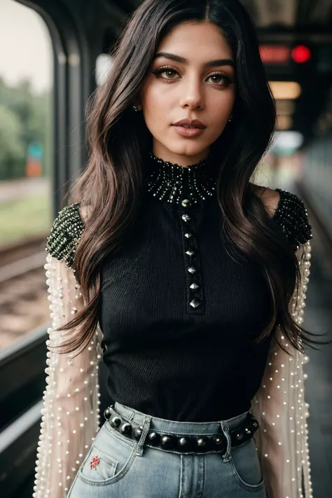 photo of (EPM4y4n3lS4y3d:0.99), closeup portrait, perfect hair, (modern photo, baggy upper body clothing, henley neck, quantum lace,  pearl beads, raglan sleeves, tea length, high waist, sequin embellishments,,ventilation,,peplum hem,,illustration,stone wash,,train, oversized lower body clothing, electromagnetic spider silk, lace,  high-low hem, empire waist, distressed details,train,,embroidery details), 24mm, (analog, cinematic, film grain:1.3), ((rapids, gradient:1.1)), ((detailed eyes)), ((eyeliner, long lashes)), (epicPhoto), long eyelashes, (perfect waist), (painted lips)