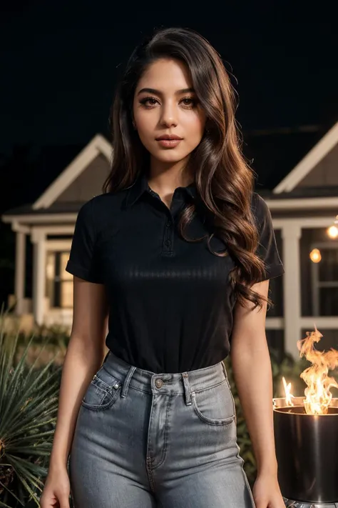 photo of (EPM4y4n3lS4y3d:0.99), closeup portrait, perfect hair, (modern photo, slim upper body clothing, henley neck, gingham, starfall cladding, short sleeves, mini length, high waist, color blocking,dark wash, relaxed lower body clothing, nano-fiber mesh, relaxed fit, natural waist, layered look,sequins), 24mm, (analog, cinematic, film grain:1.3), ((townhouses, vinyl siding,metal roofing roof, tiki torches with fire, flame lights, gradient:1.1)), ((detailed eyes)), ((eyeliner, long lashes)), (epicPhoto), long eyelashes, (perfect waist), (painted lips)