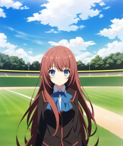 ((masterpiece)),(((best quality))), ((ultra-detailed)), ((illustration)), masterpiece, best quality, highres, {beautiful detailed eyes}, finely detail, 4k wallpaper, beautiful detailed eyes,
(solo), 1girl, blue eyes, (endlessly growing absurdly long brown hair:1.3), (wearing school uniform, brown jacket, pink neck bow), (standing in a baseball field:1.2), sunshine, (shy and blush:1.0), (grass field:1.1), clouds
<lora:a_chan-06:0.7>