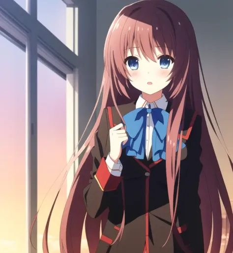((masterpiece)),(((best quality))), ((ultra-detailed)), ((illustration)), masterpiece, best quality, highres, {beautiful detailed eyes}, finely detail, 4k wallpaper, beautiful detailed eyes,
(solo), 1girl, blue eyes, (endlessly growing absurdly long brown hair:1.1), (wearing school uniform, brown jacket, pink neck bow), (standing in a classroom:1.0), sunshine through windows, (shy and blush:1.0),
<lora:a_chan-06:0.65>