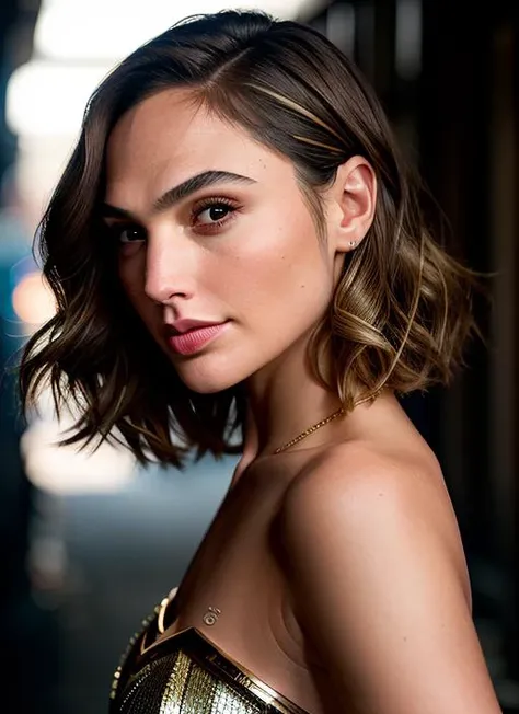 portrait of Gal Gadot, fear , wearing formal wear , with honey blonde French bob , background alleyway epic (photo, studio lighting, hard light, sony a7, 50 mm, matte skin, pores, colors, hyperdetailed, hyperrealistic), <lyco:Gal Gadot:1.1>