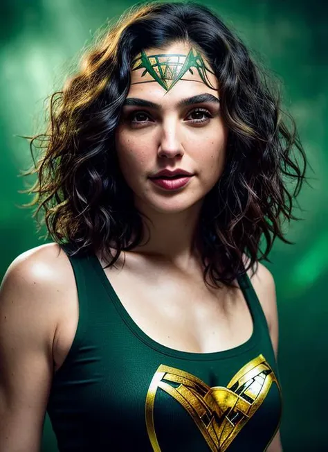 portrait of Gal Gadot, joyful , wearing t-shirt , with green Curly hair , background gothic epic (photo, studio lighting, hard light, sony a7, 50 mm, matte skin, pores, colors, hyperdetailed, hyperrealistic), <lyco:Gal Gadot:1.1>