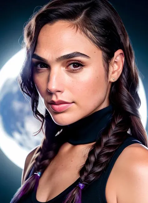 portrait of Gal Gadot, jealous , wearing business attire , with purple Fishtail braid , background moon epic (photo, studio lighting, hard light, sony a7, 50 mm, matte skin, pores, colors, hyperdetailed, hyperrealistic), <lyco:Gal Gadot:1.2>