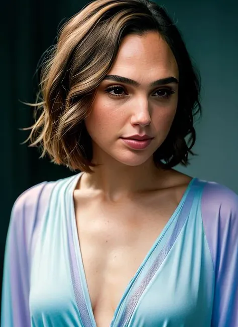 portrait of Gal Gadot, indifferent , wearing nightwear , with medium blonde French bob , background gradient epic (photo, studio lighting, hard light, sony a7, 50 mm, matte skin, pores, colors, hyperdetailed, hyperrealistic), <lyco:Gal Gadot:1.2>