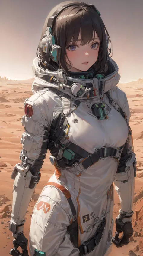 (masterpiece, top quality, best quality, extreme detailed, highest detailed, official art, beautiful and aesthetic:1.2), colorful, beautiful face, solo, perfect body, 1girl, spacesuit, outdoors, buildings, (science fiction:1.0), (on mars:1.1), upper body