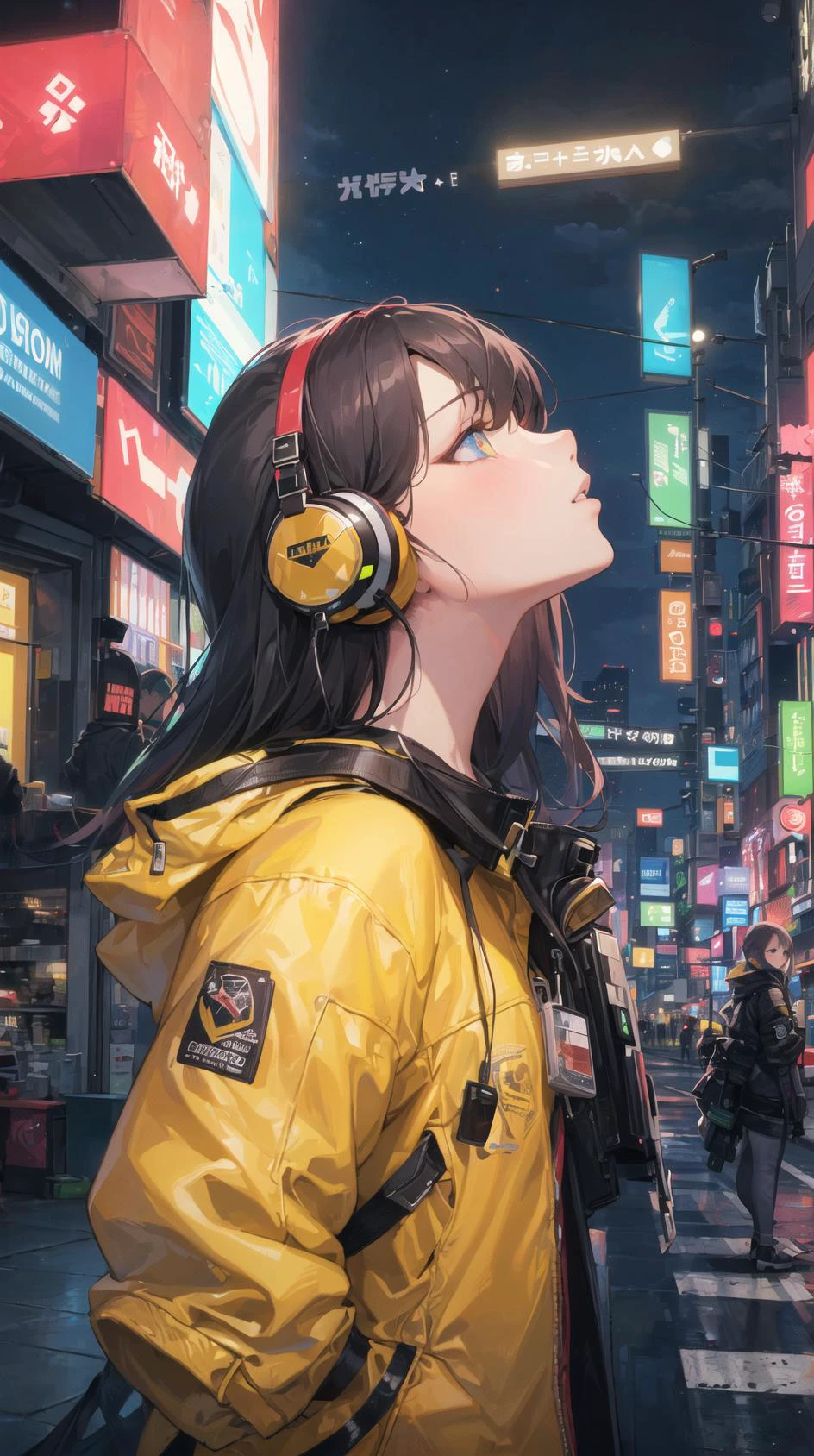 (masterpiece, top quality, best quality, extreme detailed, highest detailed, official art, cinematic composition, beautiful and aesthetic:1.2), colorful, (finely detailed eyes:1.1), beautiful face, perfect body, 1girl, solo, night city, urban city, laterns, street, black | yellow bomber jacket, (neon lights:1.1), small breasts, sfw, stars, (headphone:1.1), (cyberpunk:1.1), (science fiction:1.1), (look up:1.2), (public:1.2)