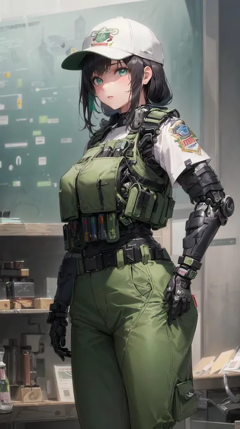 (masterpiece, top quality, best quality, extreme detailed, highest detailed, official art, beautiful and aesthetic:1.2), colorful, beautiful face, solo, perfect body, 1girl, (1mechanical girl:1.2), standing, gloves, white t-shirt, body armor, (science fiction:1.2), green pants, tactical clothes , green baseball cap, (bulletproof vest:1.2),