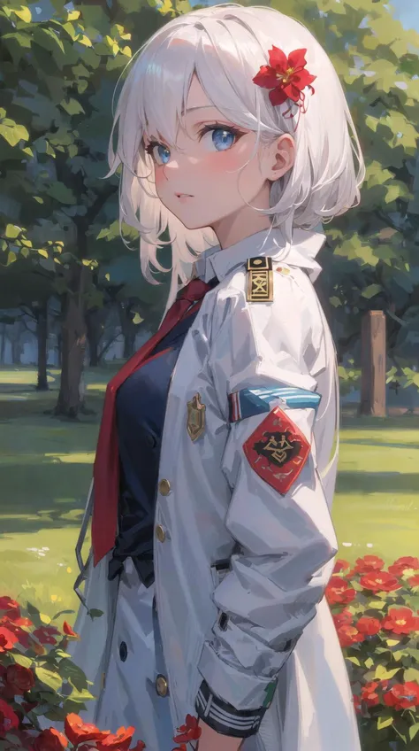 (masterpiece, top quality, best quality, extreme detailed, highest detailed, official art, beautiful and aesthetic:1.2), colorful, beautiful face, beautiful eyes, solo, perfect body, 1girl, military uniform, officer, small breasts, strap, white shirt, (dark blue jacket:1.4), necktie, white hair, outdoors, red flowers, standing in a field with red flowers, from side, looking at viewer, hair ornament
