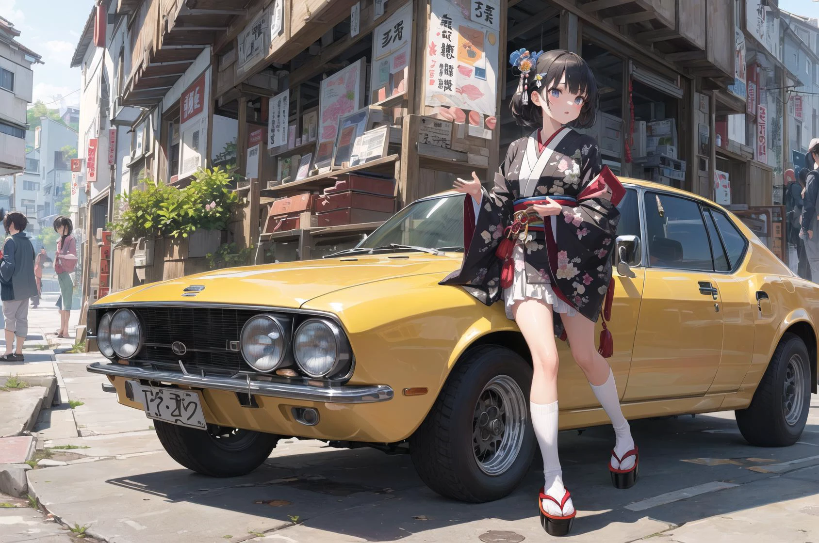 (masterpiece, top quality, best quality, extreme detailed, highest detailed, official art, beautiful and aesthetic:1.2), colorful, beautiful face, perfect body, (1girl:1.1), (japanese classic car:1.3), solo, bomber jacket, small brest, sfw, japanese style street, (girl on car:1.2), (perfect fingers:1.3)