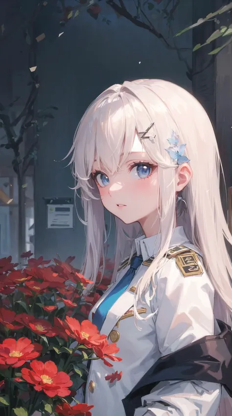 (masterpiece, top quality, best quality, extreme detailed, highest detailed, official art, beautiful and aesthetic:1.2), colorful, beautiful face, beautiful eyes, solo, perfect body, 1girl, military uniform, officer, small breasts, strap, white shirt, (dark blue jacket:1.4), necktie, white hair, outdoors, red flowers, standing in a field with red flowers, from side, looking at viewer, hair ornament