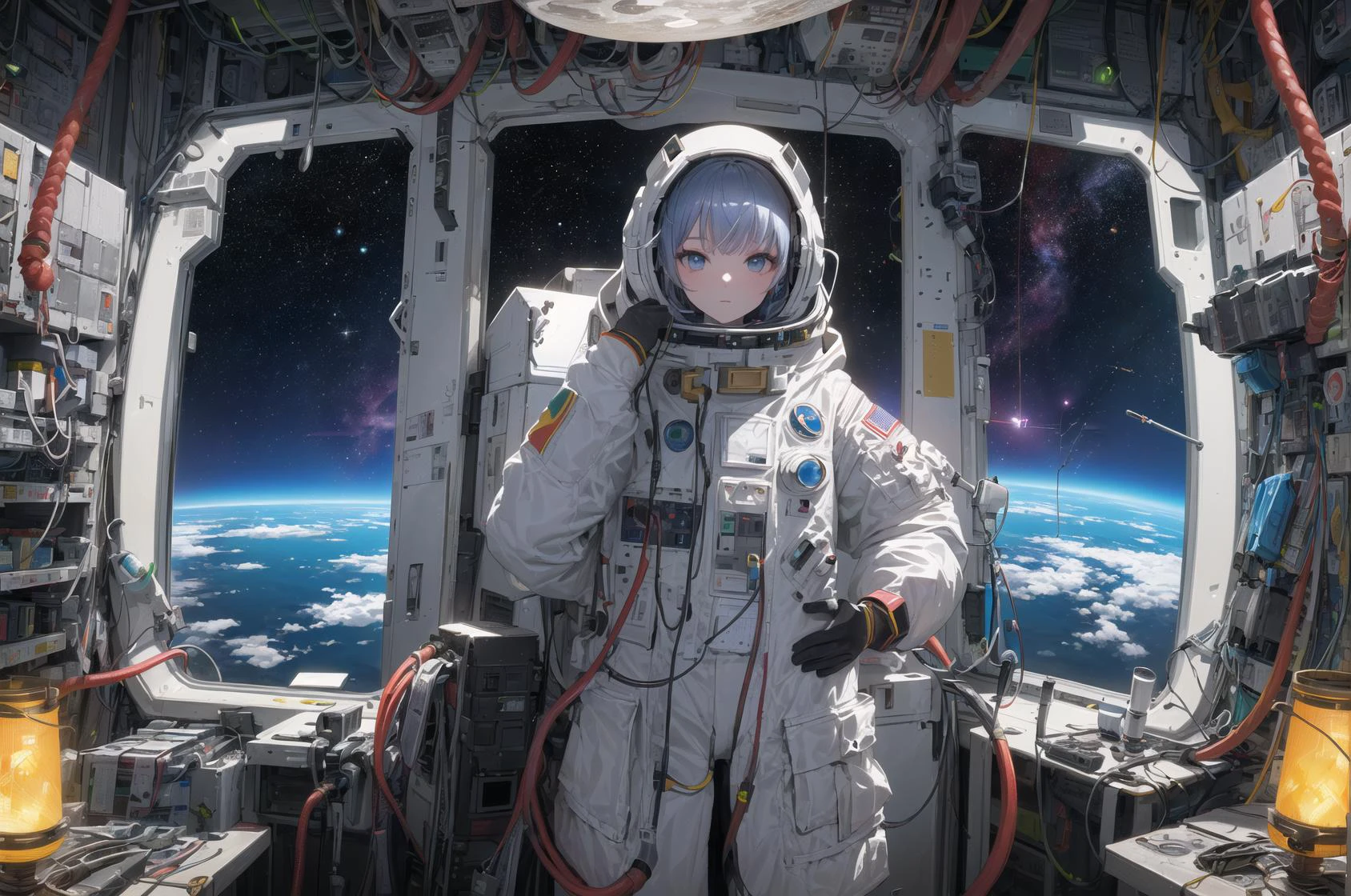 (masterpiece, top quality, best quality, extreme detailed, highest detailed, official art, beautiful and aesthetic:1.2), colorful, cowboy shot, beautiful face, solo, perfect body, beautiful eyes, 1girl, in space, spacecraft, spacesuit, indoors, (wires and cables:1.1), (science fiction:1.2), porthole, (space in illuminator:1.1), stars