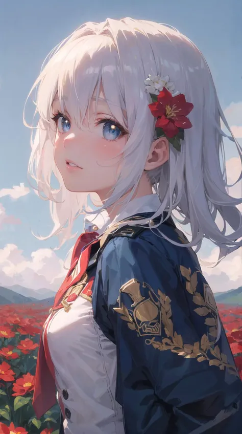 (masterpiece, top quality, best quality, extreme detailed, highest detailed, official art, beautiful and aesthetic:1.2), colorful, beautiful face, beautiful eyes, solo, perfect body, 1girl, military uniform, officer, small breasts, strap, white shirt, (dark blue jacket:1.4), necktie, white hair, outdoors, red flowers, standing in a field with red flowers, from side, looking at viewer, hair ornament