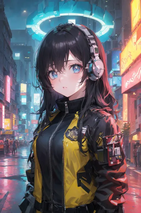 (masterpiece, top quality, best quality, extreme detailed, highest detailed, official art, beautiful and aesthetic:1.2), colorful, (finely detailed eyes:1.1), beautiful face, perfect body, 1girl, solo, night city, urban city, laterns, street, black | yellow bomber jacket, (neon lights:1.1), small breasts, upper body, sfw, stars, (headphone:1.1), (cyberpunk:1.1), (science fiction:1.1)