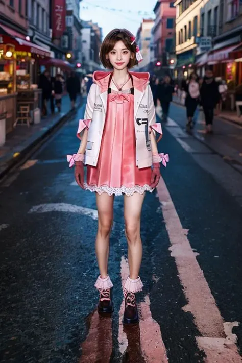 <lora:CFå
³å°é¨æ½ä¼è
4005:0.85>,CFguanxiaoyuQF,depth_of_field,gloves,pink_bow,1girl,asian girl,white skin,makeup,eyeshadow,pink_dress,brown_hair,solo,thigh_strap,brown_eyes,short_hair,hair ornament,pink_jacket,hair_bow,looking_at_viewer,dress,pink_skirt,standing,
outdoors,walking street,