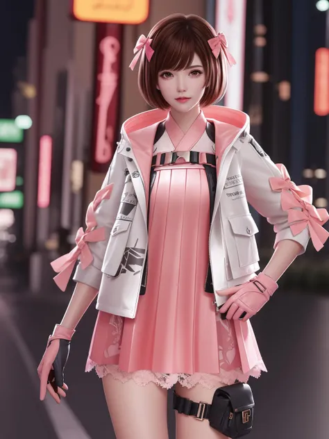 CFguanxiaoyuQF, 1girl, solo, gloves, brown hair,short hair, pink dress, brown eyes, jacket,looking at viewer, hairclip, hair bow, thigh holster, lace, short dress, belt, lips, bangs,  <lora:CFguanxiaoyuQF:0.75>,cityscape, night, mature female, hand on hip,