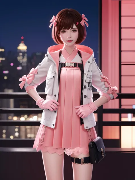 CFguanxiaoyuQF, 1girl, solo, gloves, brown hair,short hair, pink dress, brown eyes, jacket,looking at viewer, hairclip, hair bow, thigh holster, lace, short dress, belt, lips, bangs, <lora:CFguanxiaoyuQF:0.75>,cityscape, night, mature female, hand on hip,