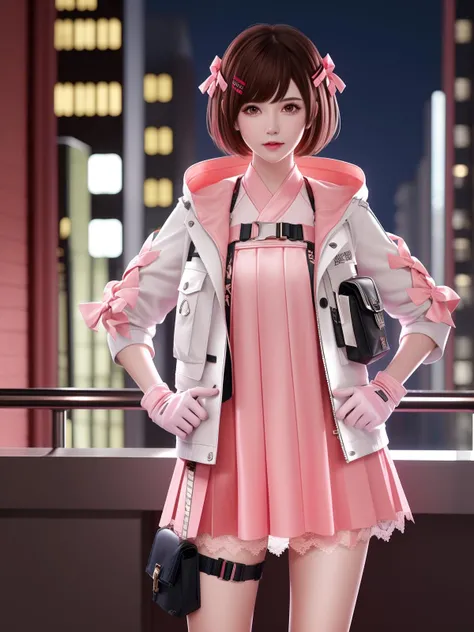 CFguanxiaoyuQF, 1girl, solo, gloves, brown hair,short hair, pink dress, brown eyes, jacket,looking at viewer, hairclip, hair bow, thigh holster, lace, short dress, belt, lips, bangs, <lora:CFguanxiaoyuQF:0.75>,cityscape, night, mature female, hand on hip,
