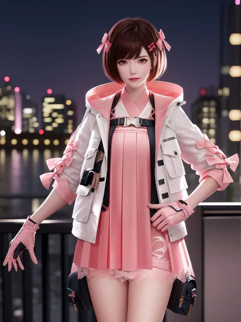 CFguanxiaoyuQF, 1girl, solo, gloves, brown hair,short hair, pink dress, brown eyes, jacket,looking at viewer, hairclip, hair bow, thigh holster, lace, short dress, belt, lips, bangs, <lora:CFguanxiaoyuQF:0.75>,cityscape, night, mature female, hand on hip,