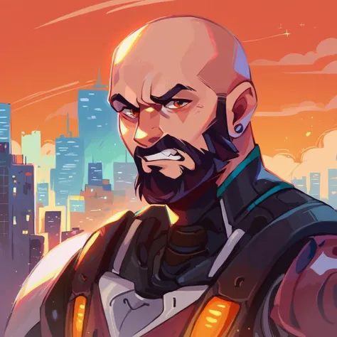 (score_9, score_8_up, score_7_up:1.2) source_anime BREAK man, beard, angry, upper body, cyborg, bald  <lora:epoch-000014:0.9>, cityscape, orange sky